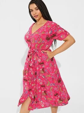 Torrid Midi Shirt Dress M V-Neck Animal Floral Pink Belted Lightweight Belted